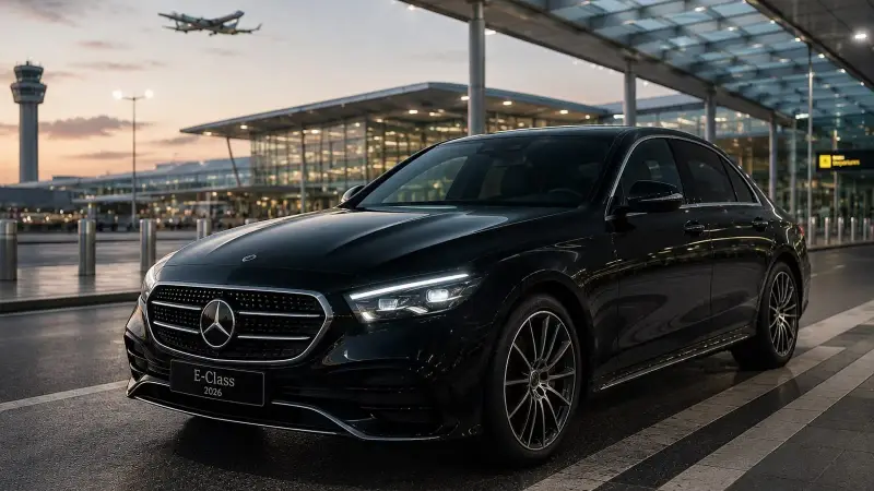Chauffeur waiting with a Mercedes E-Class at the airport transfer pickup
